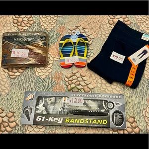 Full size sheets. New Children’s Place sandals size3-4. Jeans size xxl